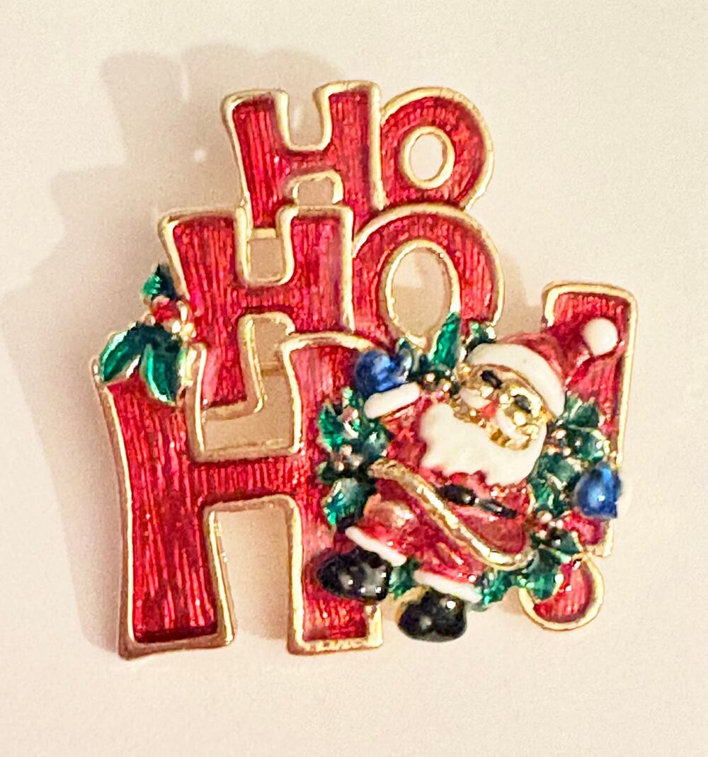 Vintage HO HO HO Santa Enamel Christmas Brooch Pin